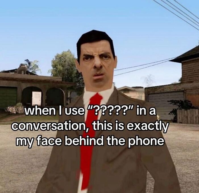 Animated character with a confused face, illustrating relatable memes to help cope with anxiety in conversations.