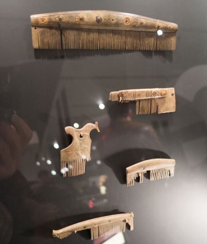 Ancient Viking combs carved from bone with intricate designs, showcasing interesting Viking artifacts and craftsmanship.
