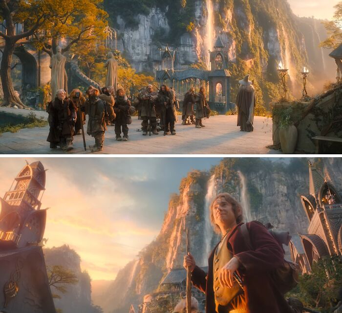 Group of characters and a traveler in a magical imaginary world with waterfalls and fantastical architecture at sunset.