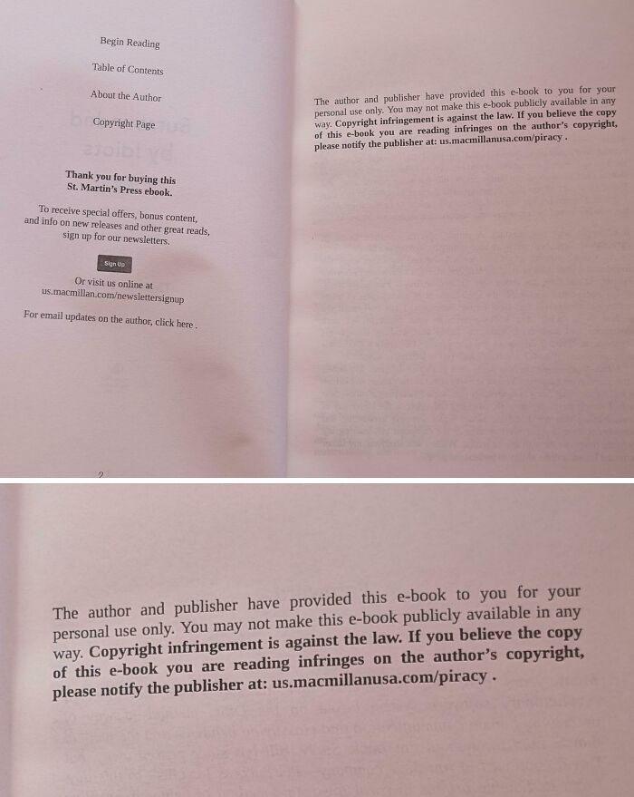 Pages from an ebook with copyright and author information warning about copyright infringement, careless online shopping backfiring.