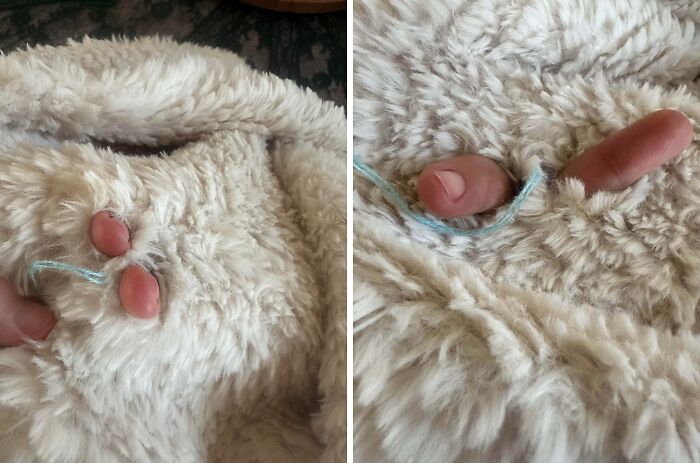 Fingers poking through a fluffy blanket’s holes showing a careless online shopping fail with fabric quality issues.