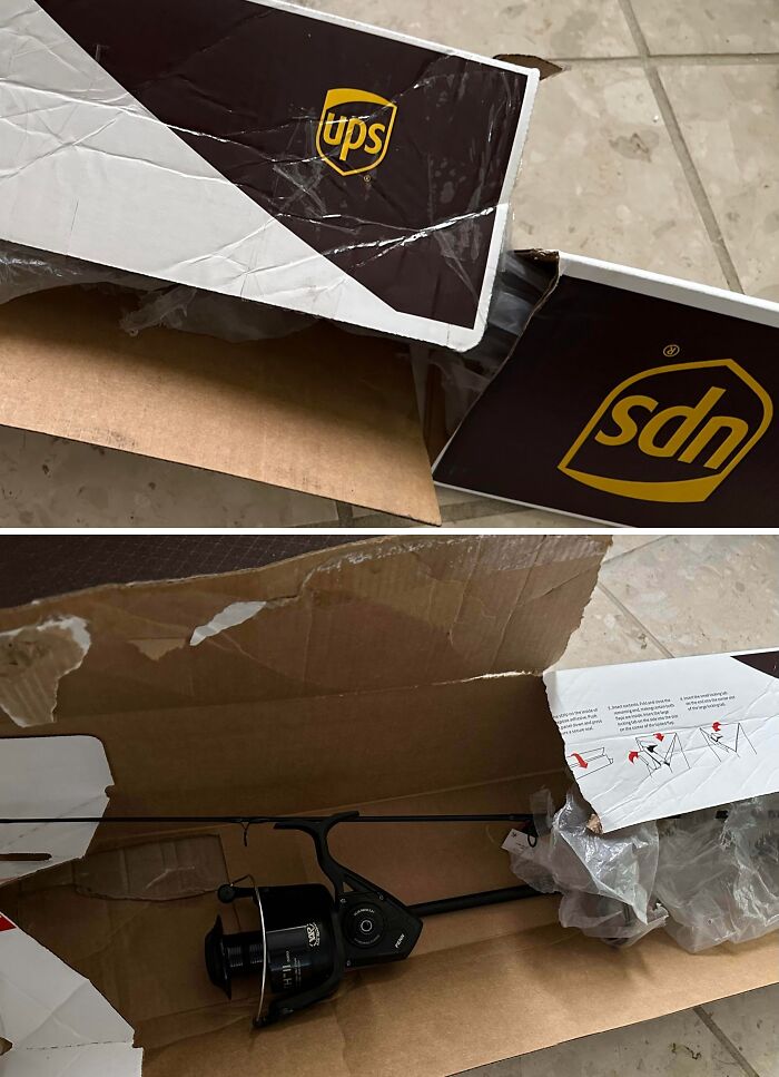 Damaged UPS package with a fishing rod inside, illustrating careless online shopping backfired in funny ways.
