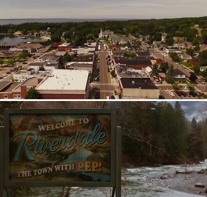 Aerial view of a small town and a welcome sign for Riverdale, featuring famous mysterious imaginary worlds and places.