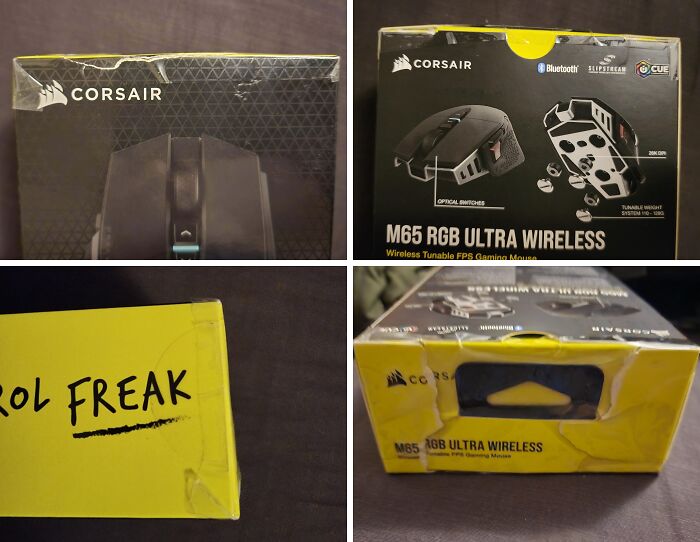 Damaged and poorly taped Corsair M65 RGB Ultra Wireless mouse packaging, showing careless online shopping fail.