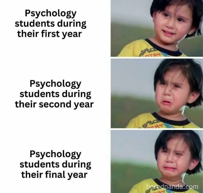 Child showing happy, confused, and crying expressions representing psychology students through different years in a psychology memes context.