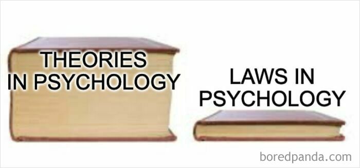 Stacked books labeled theories in psychology and laws in psychology, illustrating differences in psychology concepts in memes.