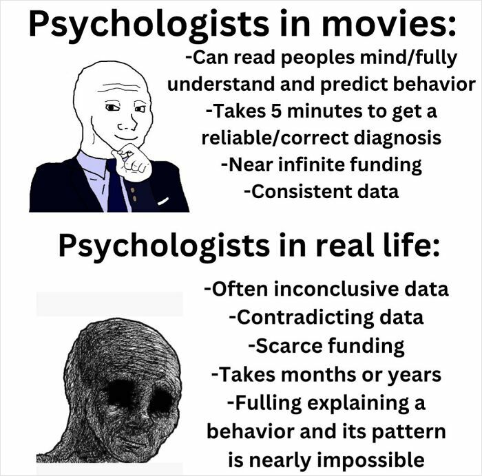 Psychology meme comparing unrealistic movie psychologists with real-life challenges in understanding the human mind and behavior.