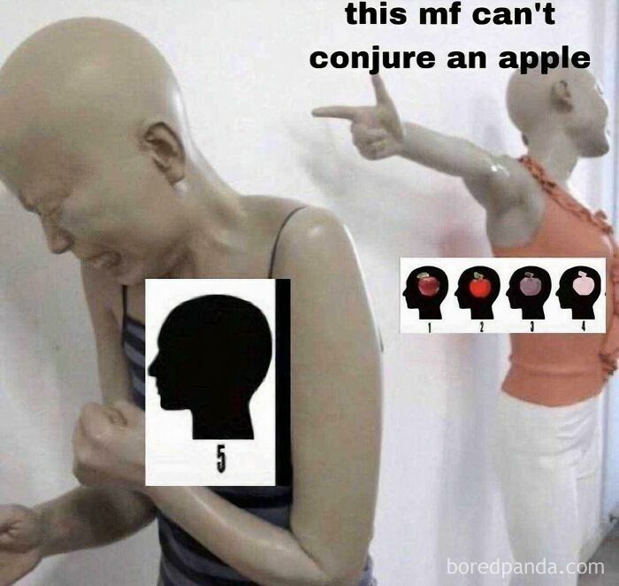 Two figures with silhouettes and apples illustrating psychology memes capturing how the human mind works humorously.