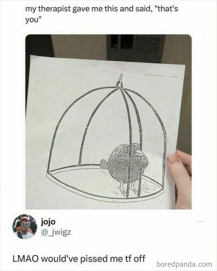 Person holding a drawing of a bird in a cage, illustrating a psychology meme about the human mind and therapy.
