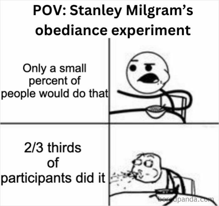 Psychology meme depicting surprise at results of Stanley Milgram’s obedience experiment showing human mind behavior.