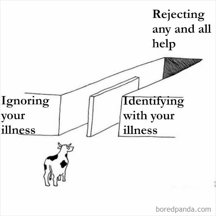 Diagram of a cow choosing between ignoring illness, identifying with illness, or rejecting any and all help psychology meme.