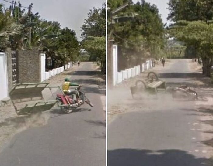Motorcycle carrying large load tipping over on a dusty road captured by Google Earth and Maps unexpectedly.