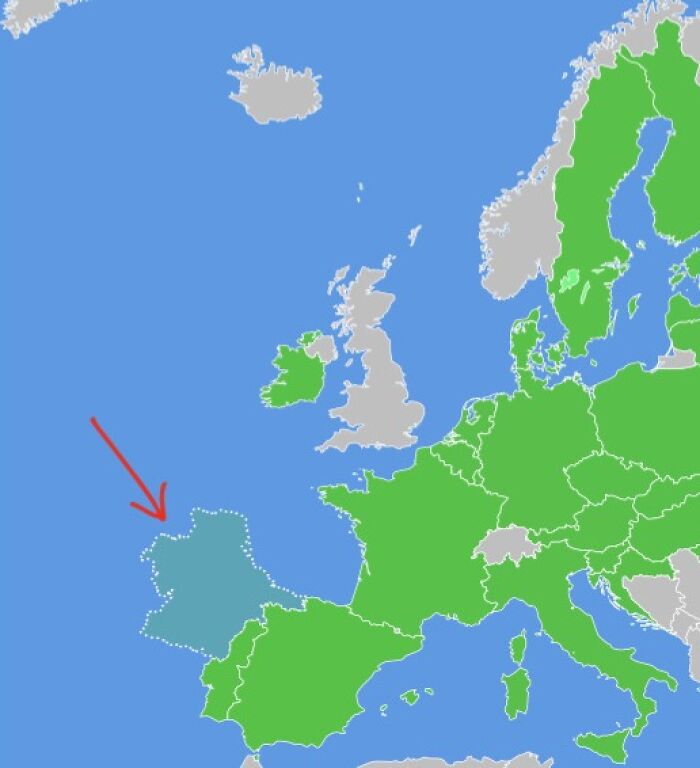 Map of Europe with a red arrow pointing to a mysterious imaginary world or place off the coast of France.