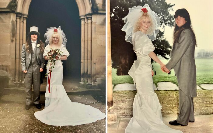 Couple in 1980s wedding attire with wild hairstyles and unique outfits showcasing the era's weird and wonderful style.