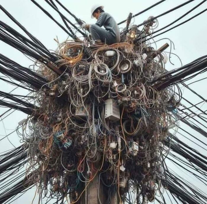 Man wearing safety helmet tangled in a massive cluster of electrical wires, illustrating painful electronics handling mistakes