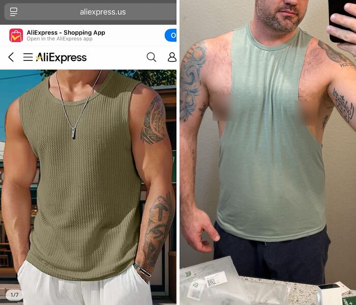 Comparison of expected versus actual sleeveless shirt from careless online shopping backfire with humorous sizing and style differences.