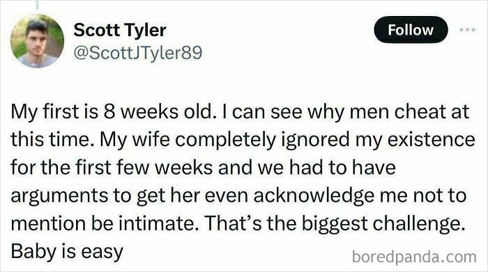 Tweet about challenges in early parenthood showing facepalm moments where basic logic and common sense seem absent.