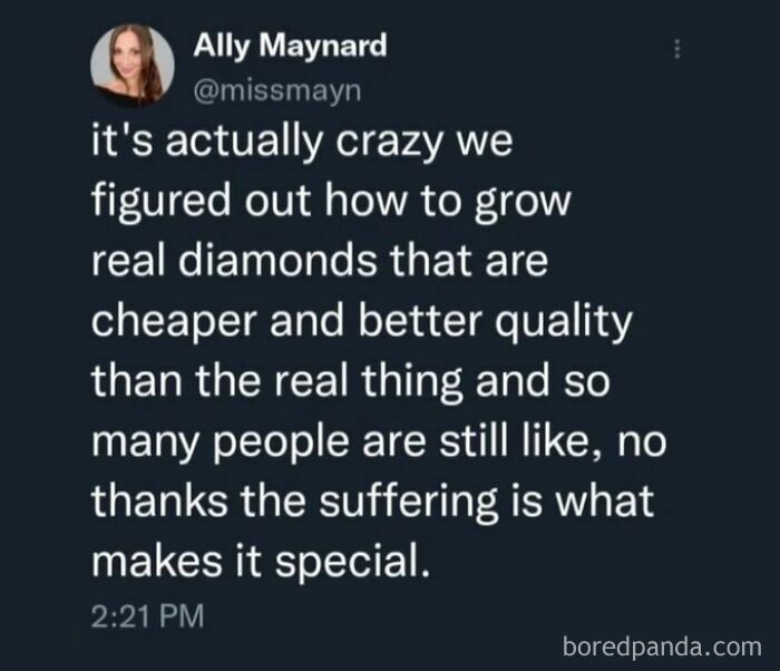 Tweet discussing how common sense is absent when people reject better quality, cheaper diamonds due to illogical reasons.