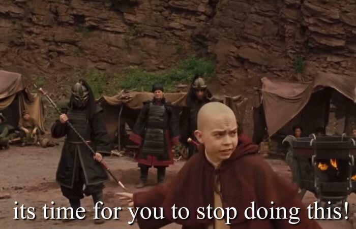 Scene from a bad movie with characters in costume and the caption about confusing bad movie details in an outdoor setting.