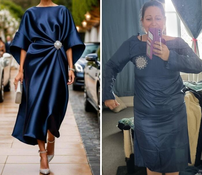 Side-by-side images showing a careless online shopping fail with a glamorous navy dress versus a poorly fitting version.