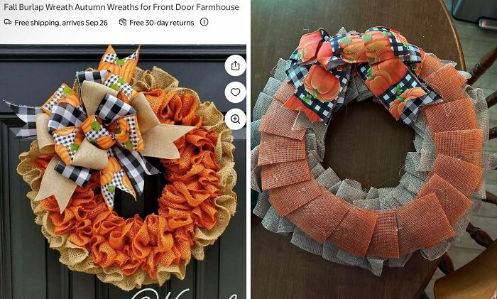 Fall burlap wreath on black door next to a disappointing DIY version showing careless online shopping backfire.