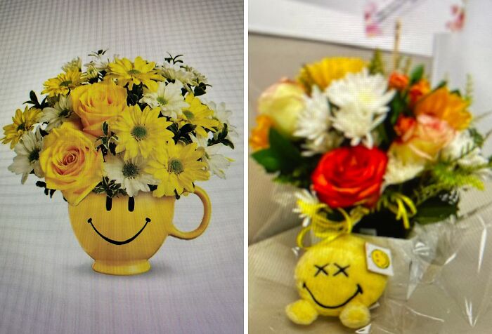 Yellow smiley face mug and plush with flower bouquets showing careless online shopping backfire in hilarious ways.