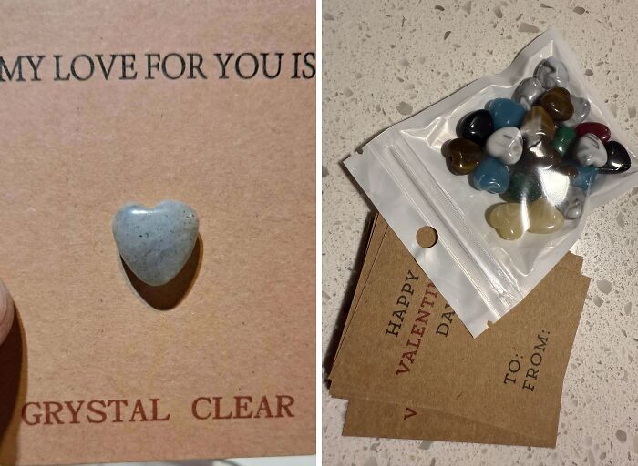 Small heart-shaped stones meant as crystals turn out to be unclear and disappointing in careless online shopping fails.