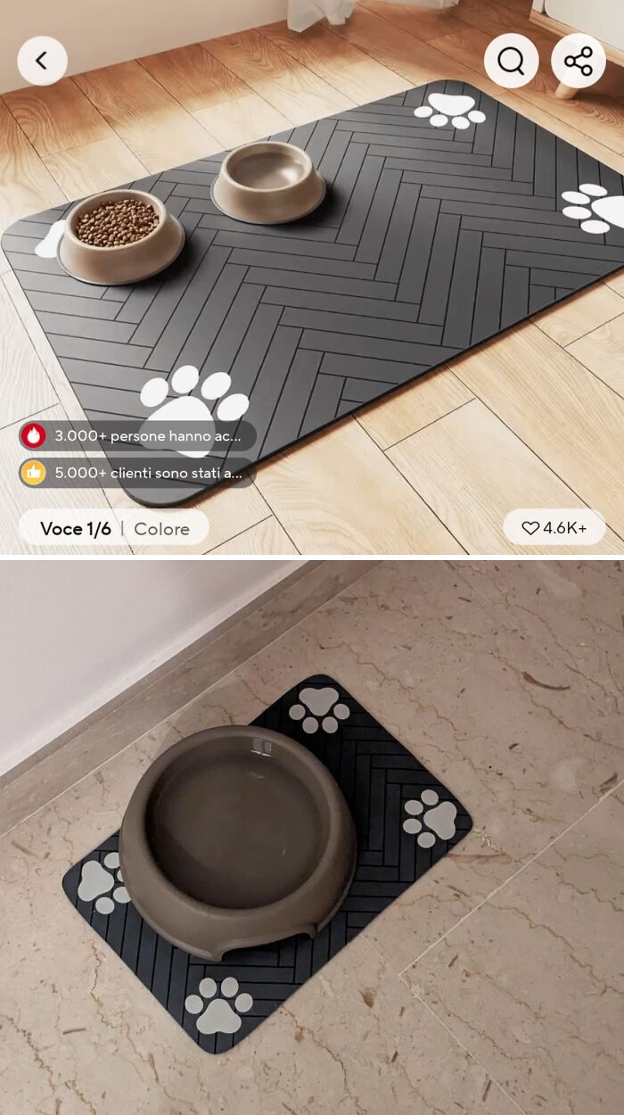 Pet food bowls on a small versus large mat showing careless online shopping backfired with size mismatch.