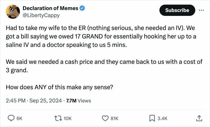 Tweet about an ER bill charging 17 grand for basic IV treatment highlighting facepalm moments and lack of common sense.