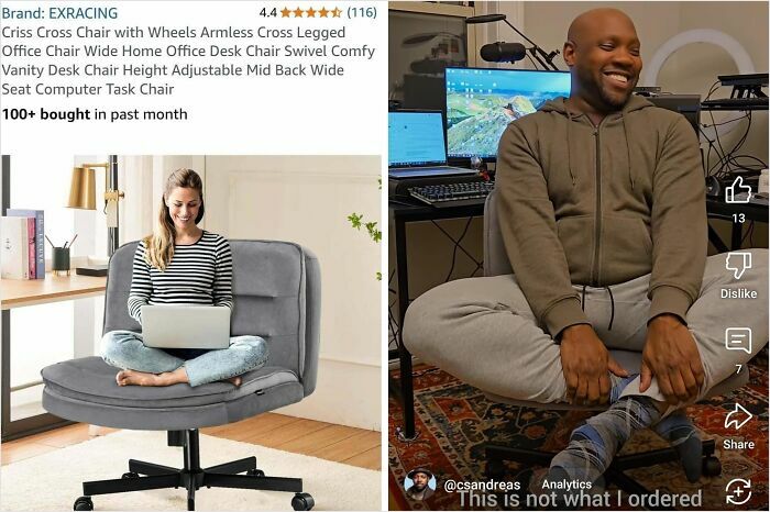 Woman sitting comfortably on a round office chair online shopping vs man awkwardly sitting on the wrong chair delivery fail.