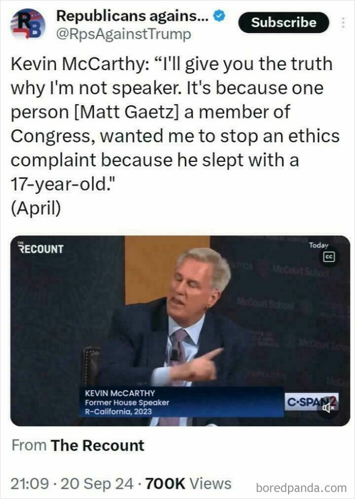 Kevin McCarthy discussing ethics complaint involving Matt Gaetz, highlighting facepalm moments of absent basic logic and common sense.