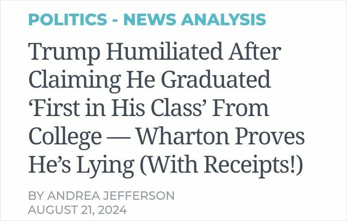 Headline about Trump humiliated for false graduation claim, illustrating facepalm moments of absent common sense and logic.