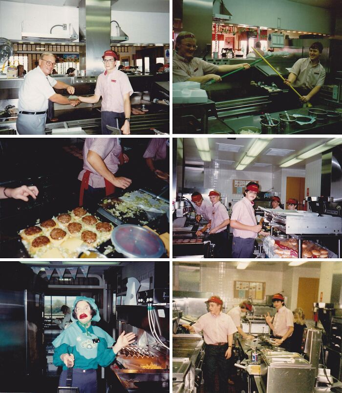 Collage of fascinating 1980s fast food workers cooking burgers and fries in a vintage restaurant kitchen.