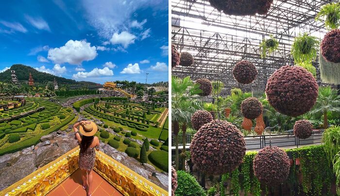 A woman overlooking an intricate famous garden maze under a bright blue sky and ornamental hanging plants in a greenhouse setting.