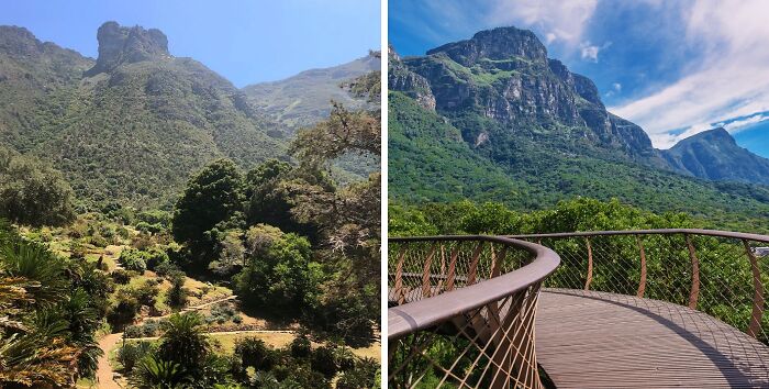 Lush famous gardens with mountainous backdrops under clear blue skies showcasing natural beauty and scenic walking paths.