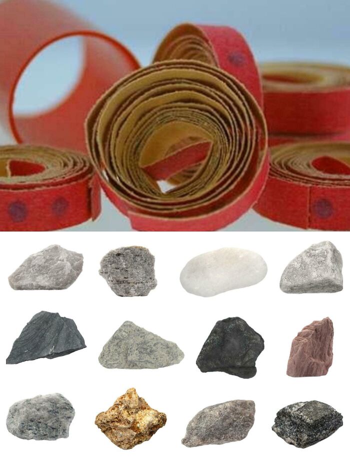 Red clapper tape rolls and a collection of various colorful rocks, classic items that make people feel very old.