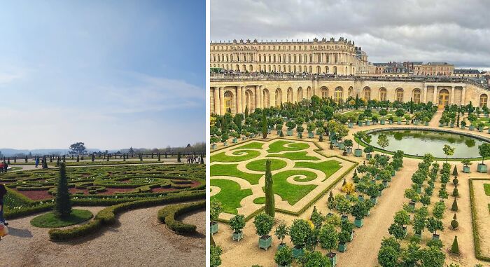 Ornate famous gardens with manicured hedges, topiary, and elegant landscaping under a partly cloudy sky.