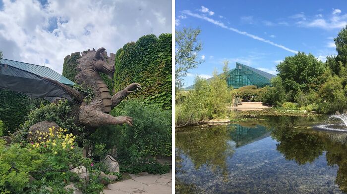 Sculpture of dragon surrounded by greenery and peaceful pond with fountain at famous gardens on sunny day.
