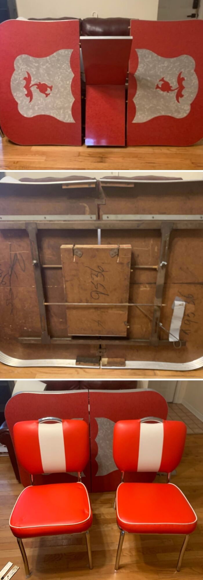 Retro red and white diner-style chairs and table, a classic dumpster diving treasure for home decor enthusiasts.