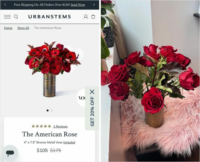 Online shopping fail showing a bouquet of fake red roses delivered instead of the expected real American Rose arrangement.