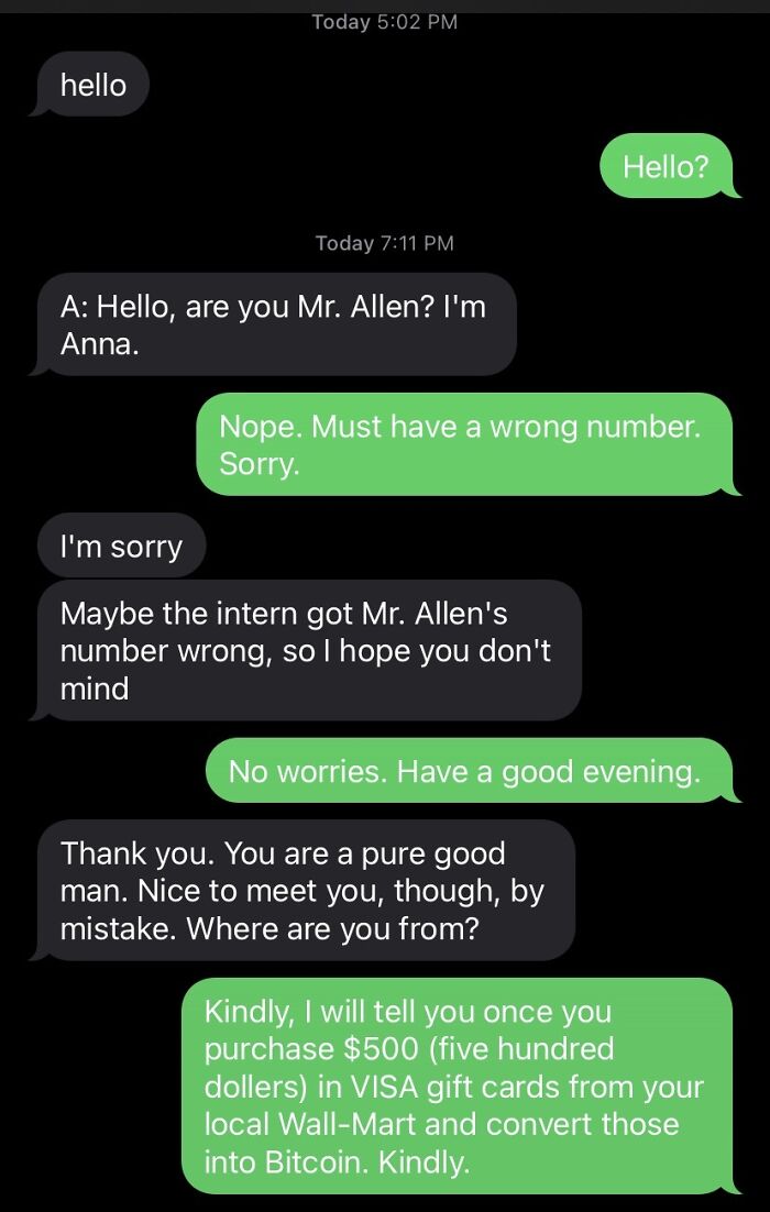 Text message exchange showing a humorous response to a scammer asking to buy VISA gift cards and convert to Bitcoin.