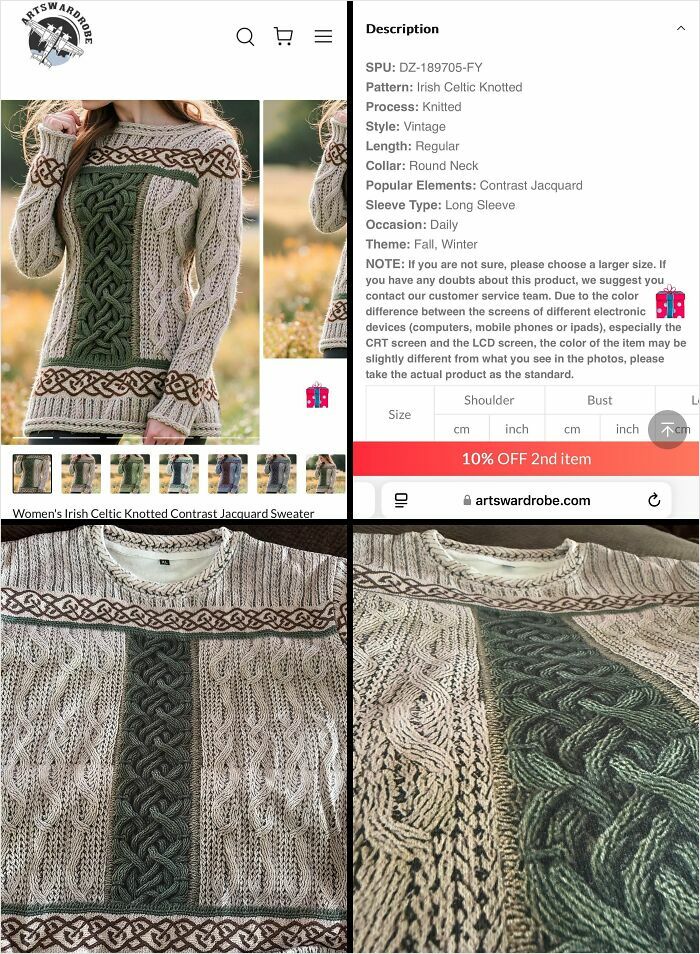 Comparison of online shopping sweater listing versus received product showing careless online shopping backfired moments
