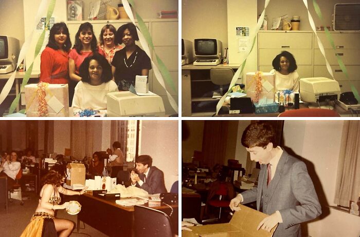 Group of people celebrating in an 1980s office decorated with streamers and vintage computer technology from the wild, weird decade.