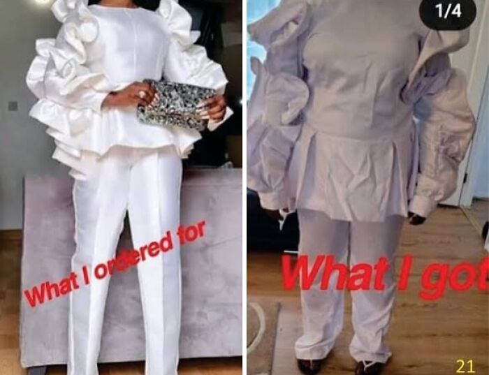 Comparison of a well-fitted outfit versus a poorly delivered careless online shopping fail with mismatched details.