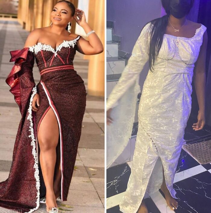 Two women wearing dresses showing careless online shopping backfired with humorous fashion fails in new pics.