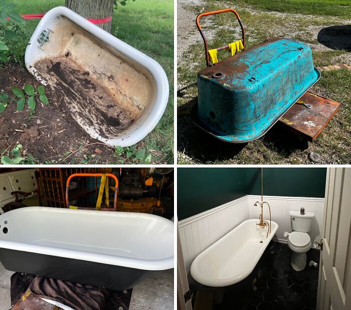 Before and after pictures showing landlord special bathtub restoration from rusted and dirty to clean and fully restored.