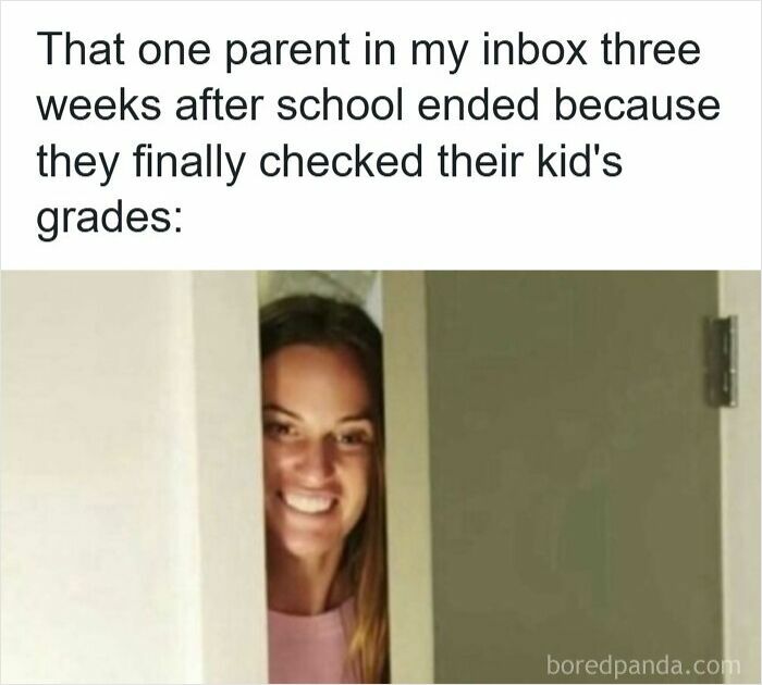 Parent popping head through door jokingly represents teachers dealing with funny memes for teachers who deserve a raise.