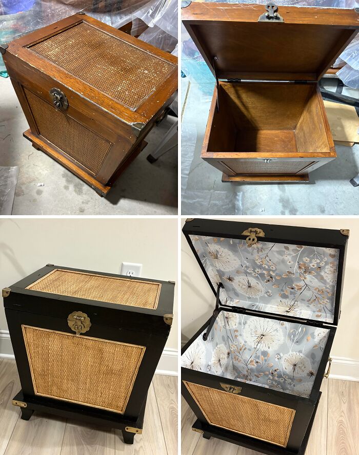 Before and after photos of a restored wooden storage chest showing transformation to original glory and updated interior.