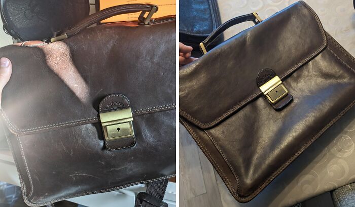 Before and after restoration of a leather briefcase showing worn and restored original glory for landlord special.