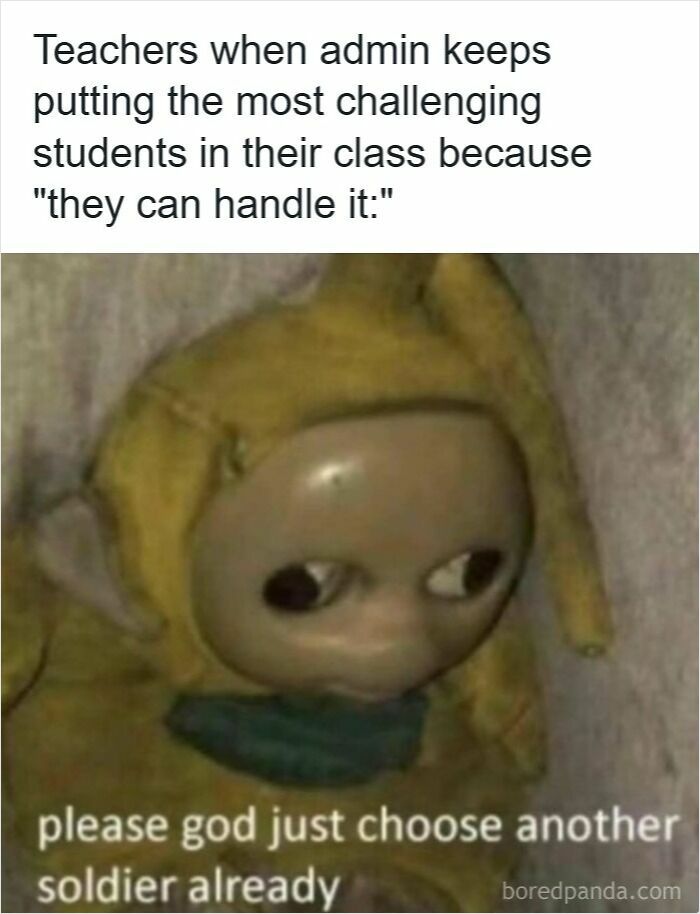 Unhappy teacher meme with a staring character showing frustration, highlighting funny memes for teachers who deserve a raise and a nap.